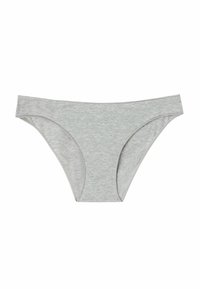 Szare bawełniane majtki bikini o gładkiej fakturze, niskim fasonie i umiarkowanym zasięgu z tyłu. Bez dodatkowych wzorów czy ozdób.