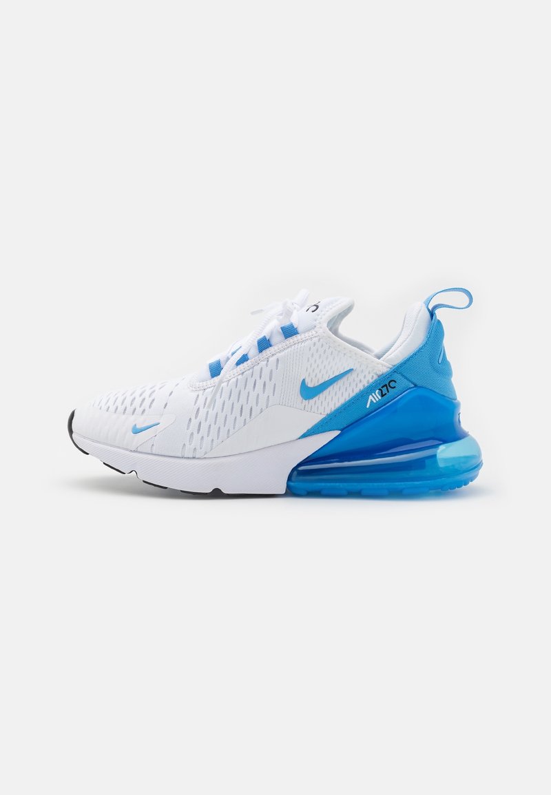 White and blue Nike Air Max 270 sneaker with mesh upper, visible blue air cushion sole, and pull tab on heel against white background.