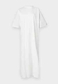 Hvit, midilengde kjole laget av myk bomull med rund hals og korte ermer; har en avslappet passform og en rett silhuett.