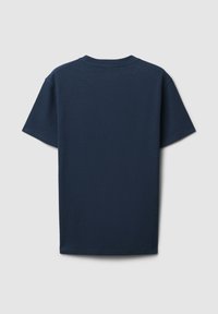 T-shirt a maniche corte blu navy con tessuto testurizzato, scollatura a girocollo e orlo dritto. Vista posteriore.