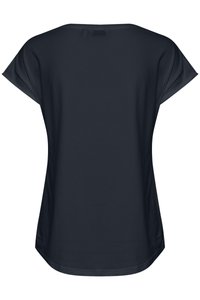 Tamnoplava tamnoplava košulja kratkih rukava s opuštenim krojem i zaobljenim rubom, prikazana s leđa na bijeloj pozadini.