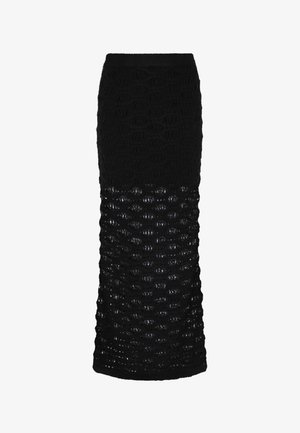 Gonna lunga nera in maglia all'uncinetto con vita aderente e motivo semitrasparente e testurizzato dalla metà coscia all'orlo.