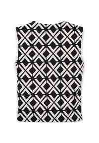 Top senza maniche con un motivo geometrico in bianco e nero caratterizzato da diamanti intrecciati e forme a X. Il tessuto appare liscio e leggero.