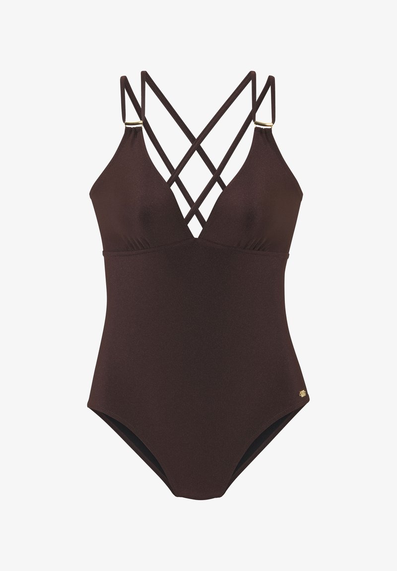 Hnedý jednocdielny plavky s hlbokým V-výstrihom, prekríženým dizajnom ramienok a zlatými detailmi na spojení ramienok. Hladká, elastická textília.
