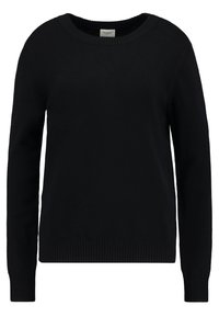 Svart stickad tröja med rund halsringning, långa ärmar och ribbad mudd och nederkant. Slät textur utan synliga mönster eller accenter.