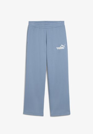 Hellblaue Sweatpants mit elastischem Bund, ausgestattet mit einem weißen Puma-Logo und floralen Akzenten am linken Oberschenkel. Weicher Stoff mit geradem Bein-Design.
