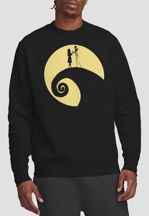 Black sweatshirt featuring a yellow graphic of a girl and skeleton on a hill beneath a full moon, with a spiral design at the base.