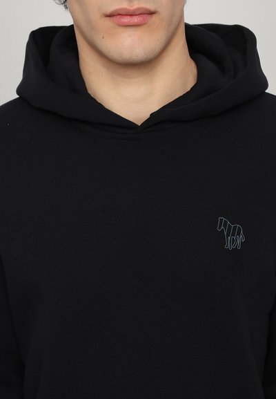 Black hoodie made of cotton, featuring a relaxed fit, a drawstring hood, and a small light blue horse outline on the chest.