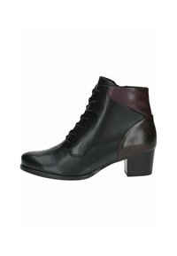 Bottine en cuir noir à lacets, avec des accents bordeaux, bout pointu et talon empilé. Texture lisse avec des détails de couture.