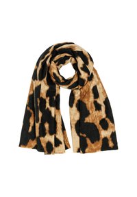 Leopardenmuster-Schal in Beige und Schwarz, aus weichem Stoff; hat eine lange, rechteckige Form mit einer warmen Textur.