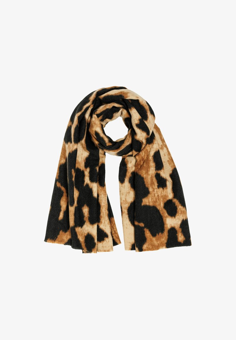 Leopardenmuster-Schal in Beige und Schwarz, aus weichem Stoff; hat eine lange, rechteckige Form mit einer warmen Textur.