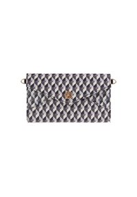 Rectangular clutch with a geometric black and white pattern, featuring a gold decorative clasp and side loops for a strap.