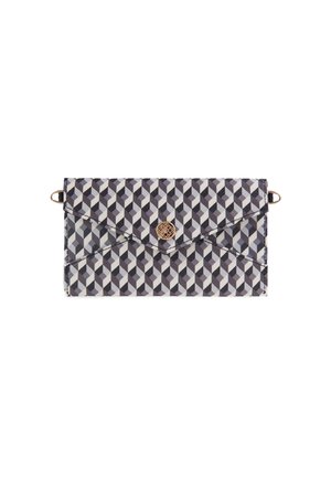 Rectangular clutch with a geometric black and white pattern, featuring a gold decorative clasp and side loops for a strap.