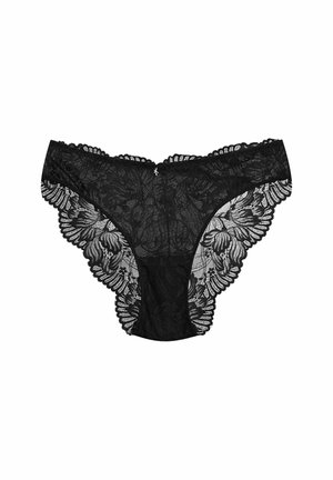 Black lace panties with floral pattern, scalloped edges, and a small decorative detail at the center. Soft fabric and sheer sections.