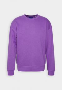 Sudadera morada hecha de tejido suave, con cuello redondo, mangas largas y puños y dobladillo acanalados. Diseño simple sin patrones.