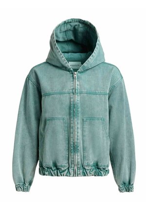 Teal green zip-up hooded jacket with elastic cuffs and hem, two front patch pockets, and stitched seam details.