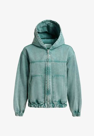 Turkisgrøn hættetrøje med lynlås, elastiske manchetter og kant, to forlommer med lapper samt syningsdetaljer.