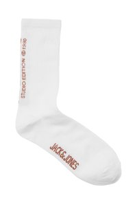Witte katoenen sok met ribbelstructuur. Heeft "STUDIO EDITION" en "JACK & JONES" logo's in lichtbruin aan de zijkanten.