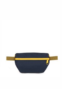 Pouch blu navy realizzato in tessuto resistente, con una zip gialla e un manico a righe. Forma compatta, ideale per trasportare piccoli oggetti.