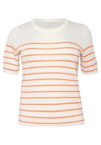 White short-sleeve sweater with orange horizontal stripes. Features a round neckline and a soft, textured finish. Minimalist design.