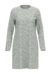 Sukienka z długim rękawem w jasnooliwkowym kolorze z kwiatowym wzorem w bieli i czerwieni. Posiada okrągły dekolt i luźny krój.