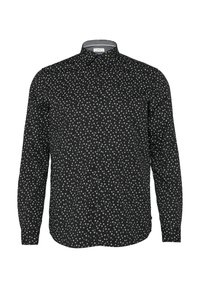 Zwarte longsleeve shirt met witte onregelmatige stippen, kraag, knoopsluiting aan de voorkant en een gladde stoftextuur.