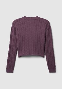 Maglione cropped a maglia rasata viola con maniche lunghe e colletto a girocollo a coste. Motivo texturizzato su tutta la superficie del tessuto.