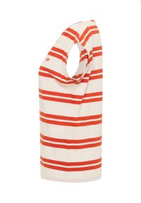 Red and white striped short-sleeve t-shirt with a rounded neckline and a loose fit, made from soft cotton fabric.