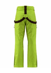 Pantaloni impermeabili di un verde brillante con una cintura regolabile marrone, zip laterali e una vestibilità comoda. Presentano cuciture rinforzate e tasche.