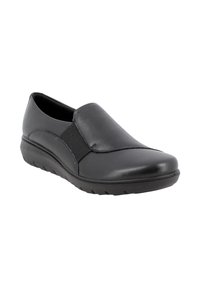 Scarpe slip-on nere in pelle liscia con pannelli laterali elasticizzati, punta arrotondata e suola imbottita con un motivo a zig zag.