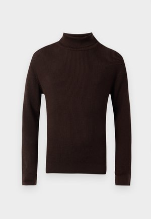 Brown ribbed turtleneck sweater made of knitted fabric, featuring long sleeves and fitted design with a soft texture. No patterns or accents.