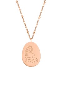 Roze gouddelicate hangertje in een ovaalvorm, met een lijntekening gravure, hangend aan een fijne ketting met ronde schakels.