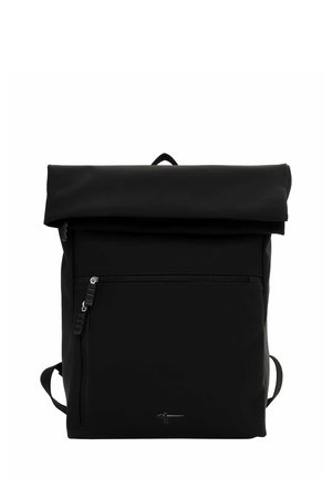Zaino roll-top nero realizzato in materiale resistente, dotato di tasca frontale con zip, spallacci regolabili e design minimalista.