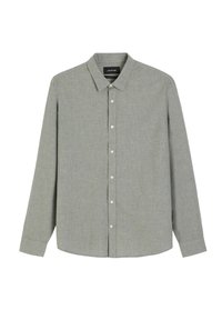 Jasnoszara koszula z długim rękawem, zapinana na guziki, z kołnierzykiem i mankietami, wyeksponowana na płasko na białym tle.