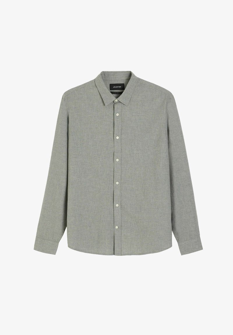 Jasnoszara koszula z długim rękawem, zapinana na guziki, z kołnierzykiem i mankietami, wyeksponowana na płasko na białym tle.