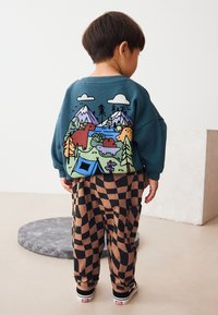 Zelený sveter s farebnou grafikou prírody na chrbte, v kombinácii s hnedými kockovanými nohavicami. Sveter má okrúhly výstrih a voľný strih.