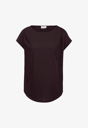 Schwarzes T-Shirt mit kurzen Ärmeln aus leichtem Baumwollmaterial. Runder Ausschnitt, lockere Passform und abgerundeter Saum am unteren Ende. Glatte Textur.