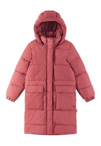 Cappotto lungo imbottito in rosa polveroso, caratterizzato da un cappuccio, due tasche frontali, polsini elastici e chiusura con zip e bottoni a pressione.