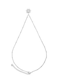 Srebrna necklace z wisiorem w kształcie słońca. Posiada delikatny łańcuszek z małymi okrągłymi akcentami oraz zapięcie na zatrzask typu lobster.