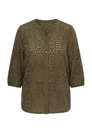 Ulla Popken, BRODERIE ANGLAISE BUTTON-DOWN BLOUSE - Blusa - olive grey