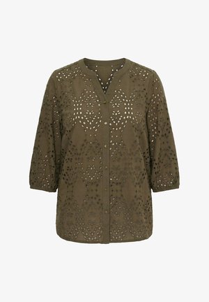Ulla Popken, BRODERIE ANGLAISE BUTTON-DOWN BLOUSE - Bluse - olive grey