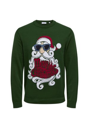 Dunkelgrüner Weihnachts-Pullover mit einem Weihnachtsmann-Gesicht, der eine Sonnenbrille trägt, und dem Schriftzug "Frohe Weihnachten", der in den weißen Bart des Weihnachtsmanns integriert ist.