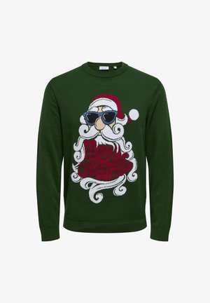 Pull de Noël vert foncé avec un visage de Père Noël portant des lunettes de soleil et le texte "Joyeux Noël" intégré dans la barbe blanche du Père Noël.