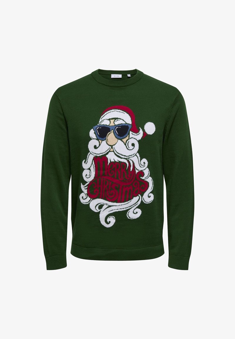 Pull de Noël vert foncé avec un visage de Père Noël portant des lunettes de soleil et le texte "Joyeux Noël" intégré dans la barbe blanche du Père Noël.