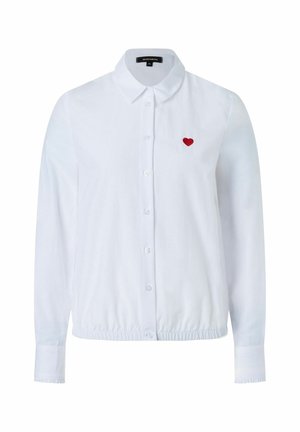 White long-sleeve button-up shirt with collar and small red heart embroidered on the left chest, elastic hem, and buttoned cuffs.