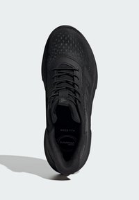 Black athletic shoe with a mesh upper, wide fit, padded collar, and Cloudfoam insole for comfort. Features textured details and laces.