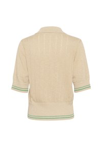 Knitted beige short-sleeve polo with ribbed texture, featuring green and white stripe accents on sleeves and hem. Back view only.