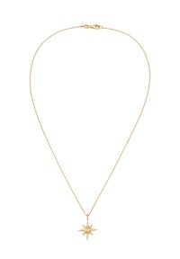 Goldfarbene Halskette mit einem sternförmigen Anhänger und einem zentralen Stein, präsentiert an einer feinen Kette mit Karabinerverschluss.