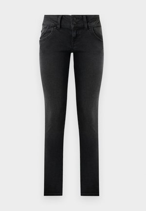Schwarze, enge Jeans aus Denim mit einem Zwei-Knopf-Bund, Fronttaschen und einer glatten, strukturierten Oberfläche. Standardpassform, durchgehendes Design.