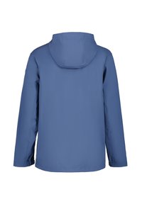 Chaqueta exterior azul con capucha, fabricada en material suave, con puños elásticos y un dobladillo recto. Diseño simple y funcional.